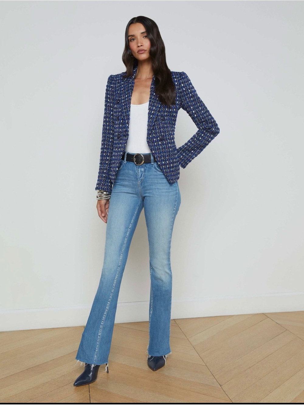 L'AGENCE Navy Tweed Open-Front Blazer - Picture 2 of 5